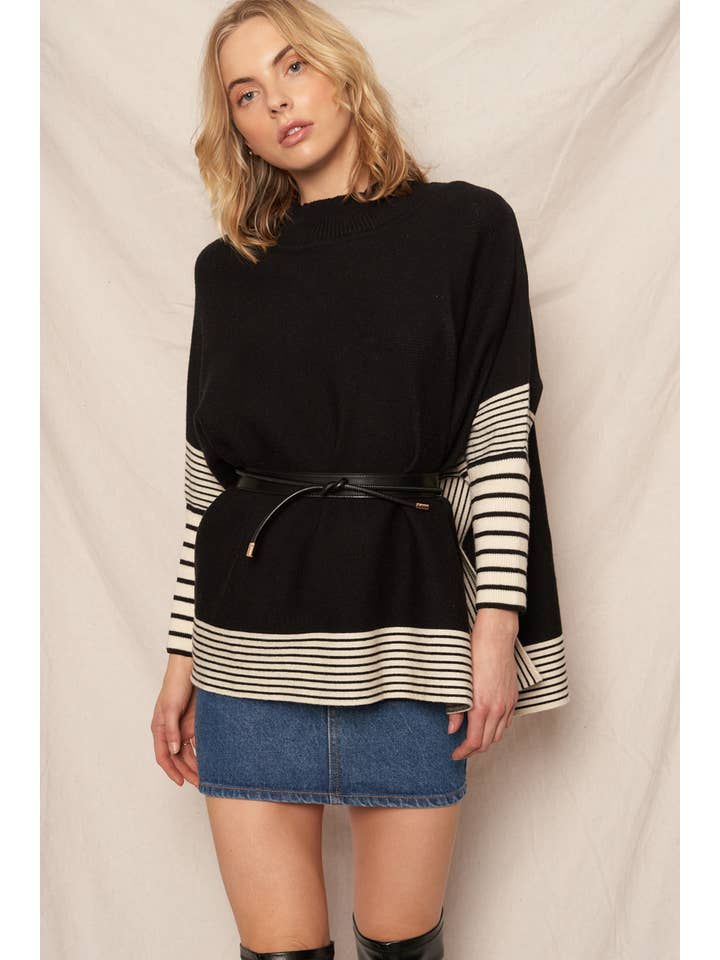 Black Oversized Striped Knit Cape Sweater for wholesale on Faire