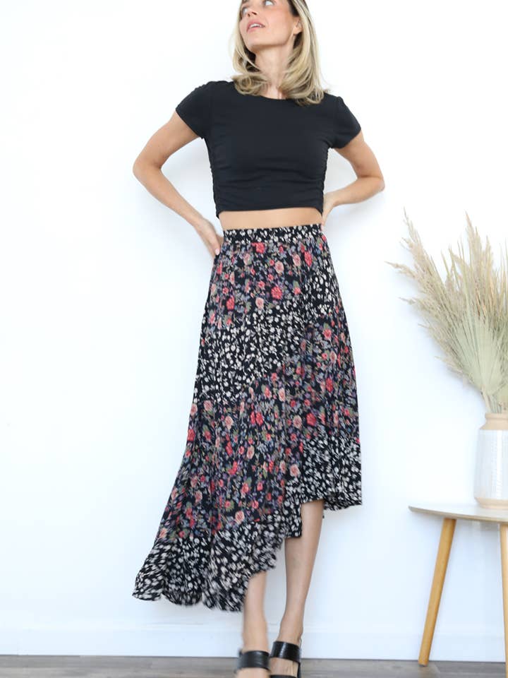 26N31-WA39-W869 SAIA DE BAINHA ASSIMÉTRICA COM ESTAMPA MISTA por atacado de ANGIE