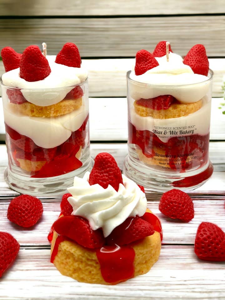 Strawberry Shortcake Candle.13 oz. Large Dessert Candle for wholesale by Wax and Wix Bakery®