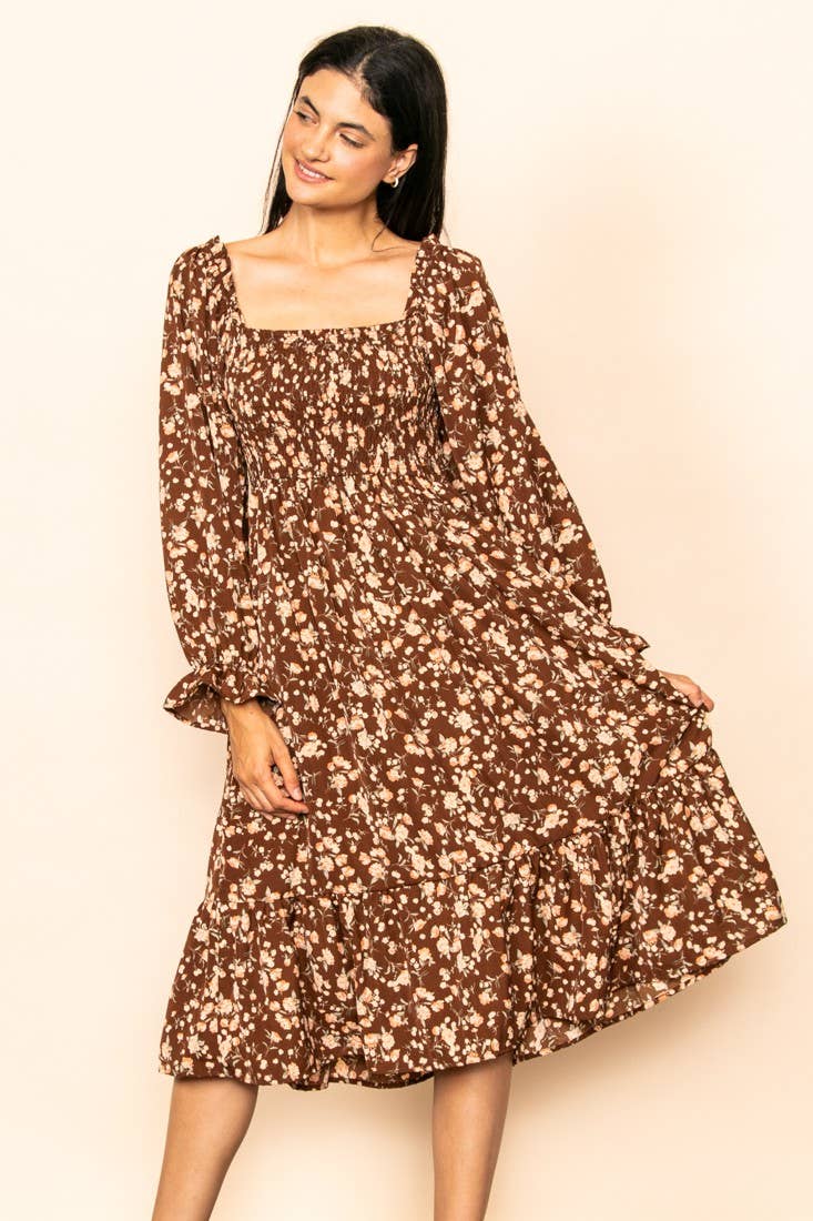 Elloh Collection - Vente Robe – femme - Robe midi vintage à manches longues smockées à fleurs avec poches5