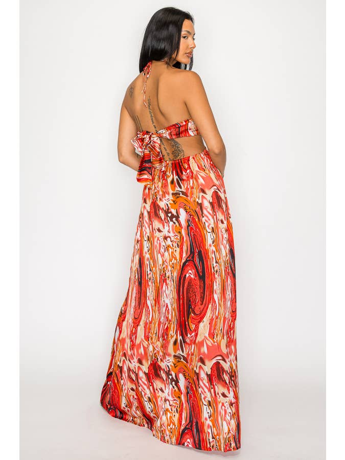 ARRUGGINIRE MAXI ABITO IN RASO STAMPATO CON SPACCO SUL PETTO DM2720 in vendita all'ingrosso su Faire4