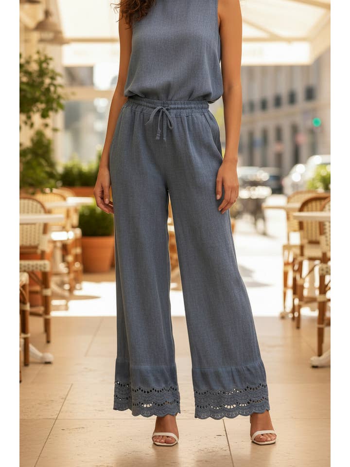 Shyloh - Wholesale Pants - Women's - Wide pants with elastic waist and embroidery at the bottom 2060330