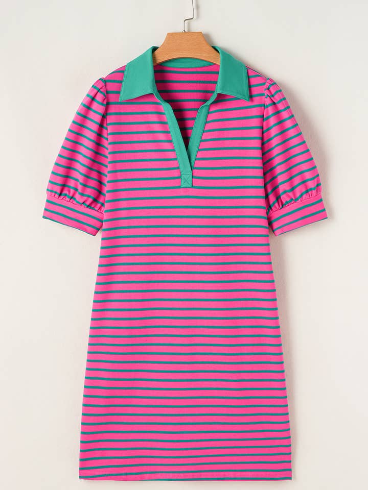 As shown Stripe Collared Puff Sleeve T Shirt Dress | S-XL & 1X-4X for wholesale on Faire