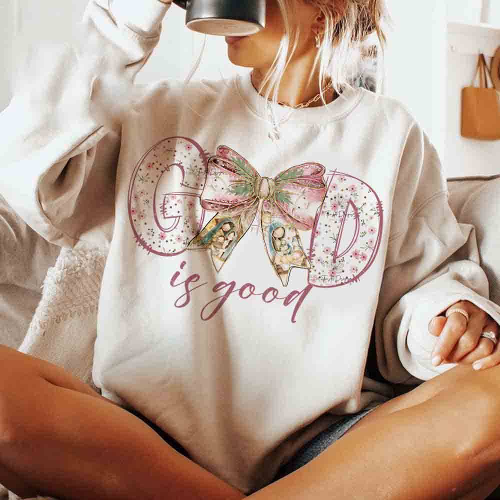 NVC Ecommerce LLC - Wholesale T-Shirt (Graphic) - Women's - God Is Good Shirt, Jesus Christmas Coquette Sweatshirt0
