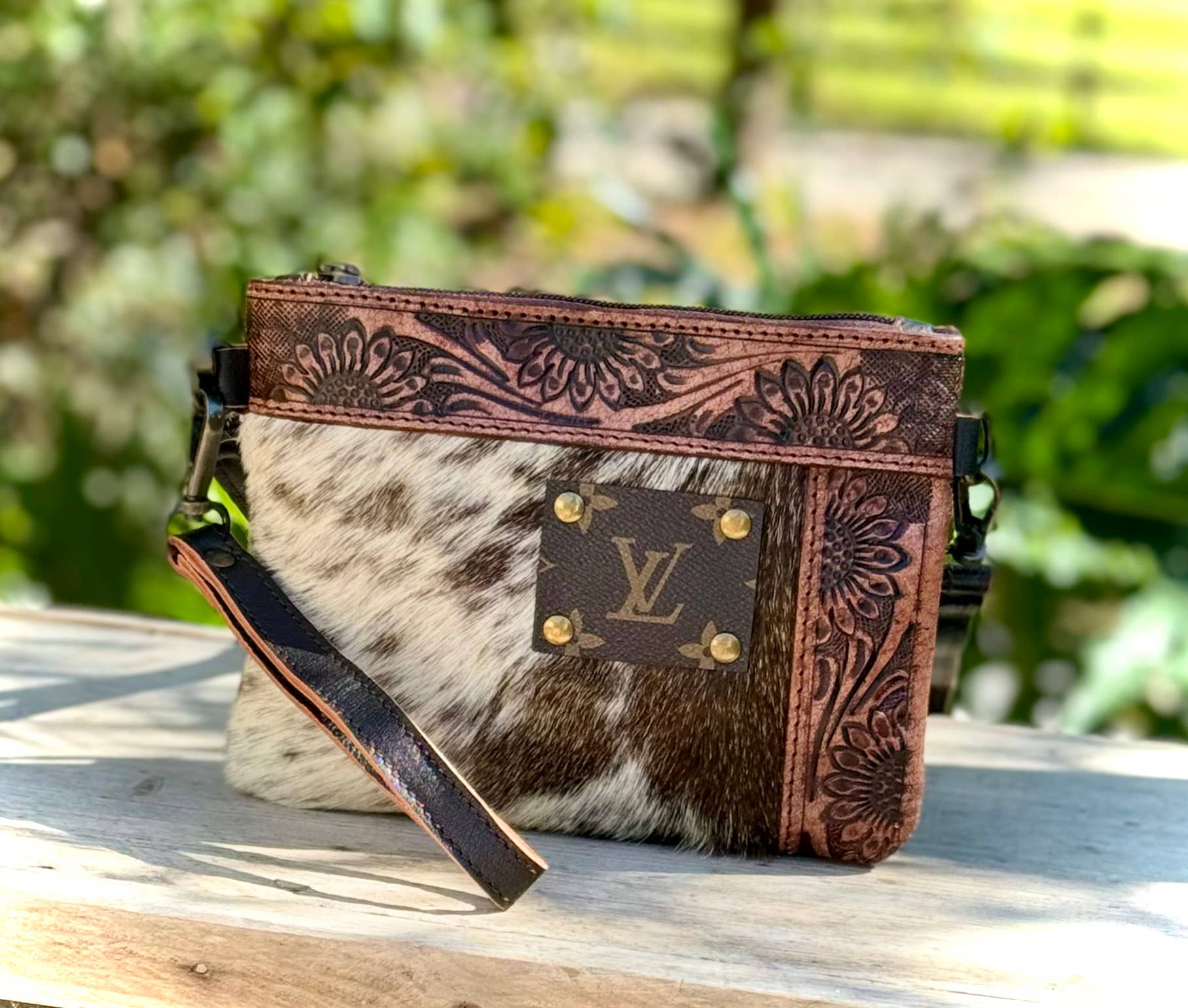 Southern Junkie Gypsy Boutique - Wholesale Crossbody Bag - Women's - Upcycled LV Cowhide Leather Crossbody Wristlet Bag Western 1