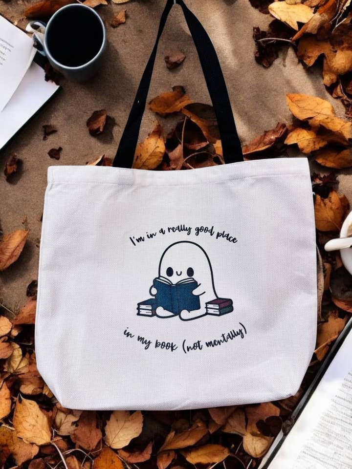 Bookish Ghost Large Capacity Linen Tote for wholesale by Wicks and Whims