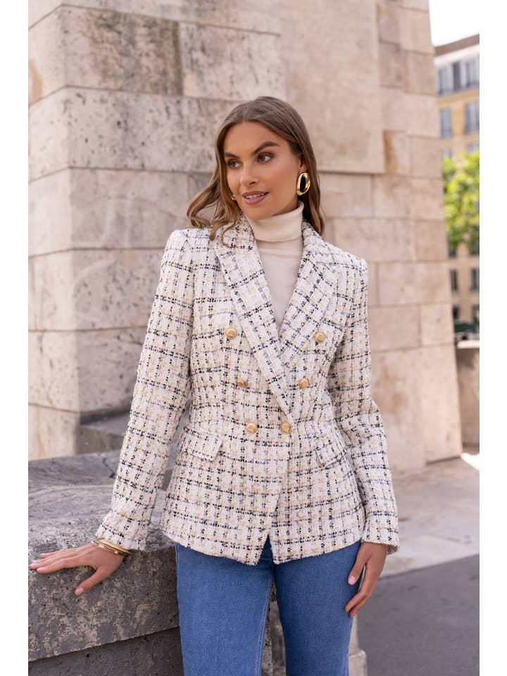 Attentif Paris – wholesale Blazer – Women's – Checked tweed double-breasted fitted blazer jacket