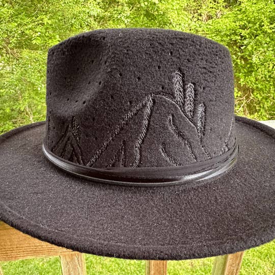 She's Crafty AVL - Wholesale Fedora - Women's - Western Fedora Hat with Pyrography Mountains & Moon Design