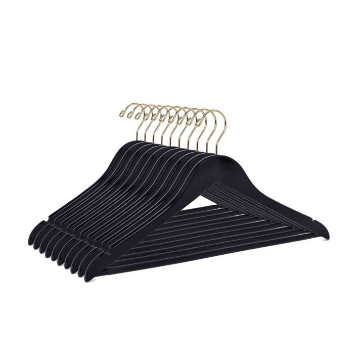 Quality Hangers - Wholesale Clothes Hangers - W070 Semi Curved Wooden Hangers, 17.5" -Black/Gold Hook - 80