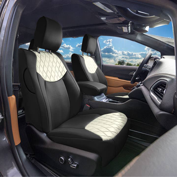 Chrysler Pacifica - 2017 - 2024 - Fundas para asientos delanteros - Neopreno Ultraflex beige (acceso a DVD y reposabrazos incluidos) para venta al por mayor de FH GROUP