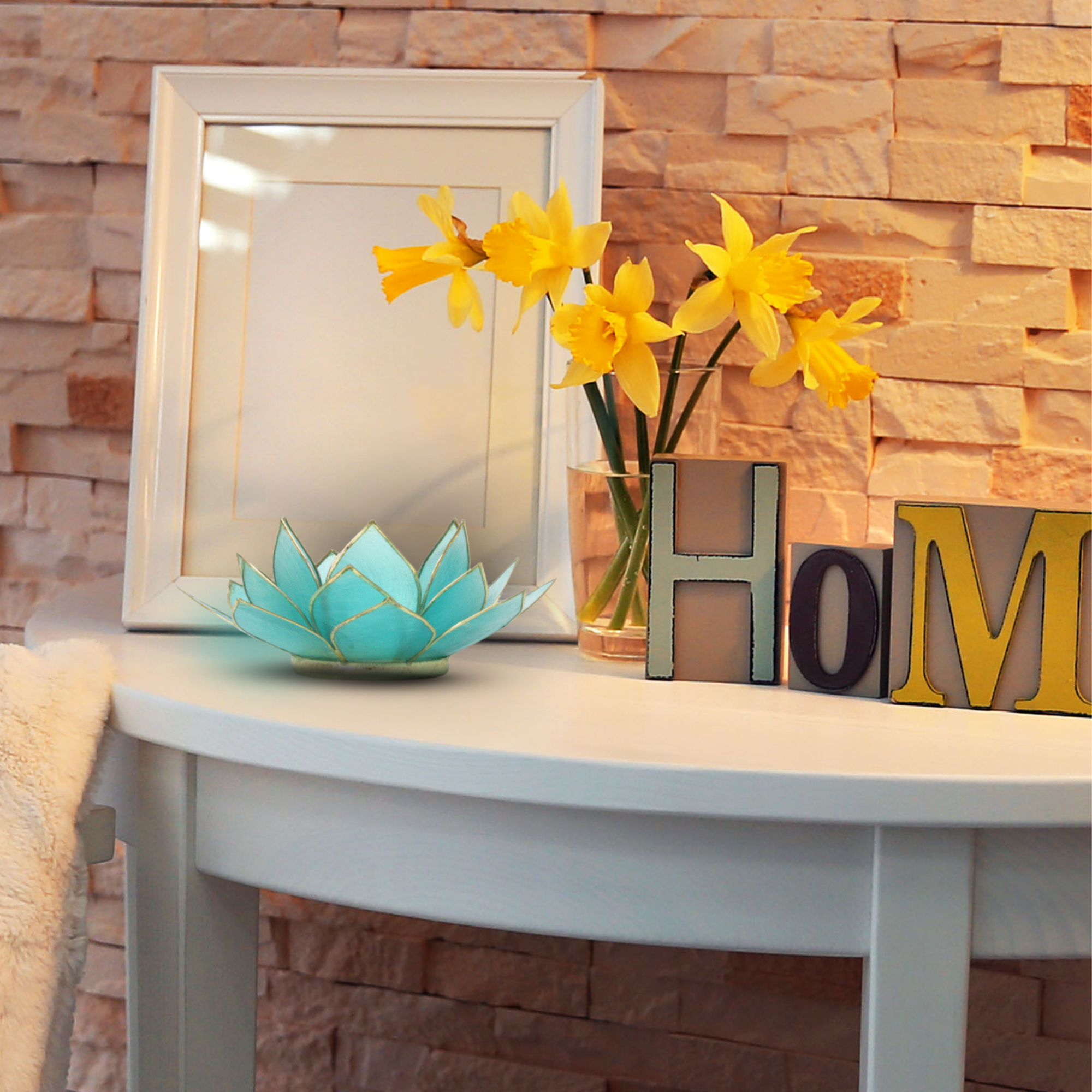 Om Gallery - Wholesale Candle Holder - Gemstone Capiz Lotus - Aquamarine1