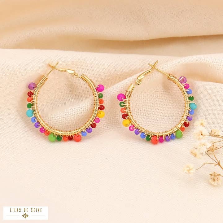 Lilas de Seine - Wholesale Hoop Earrings - Embroidered pearl hoop earrings 0323136