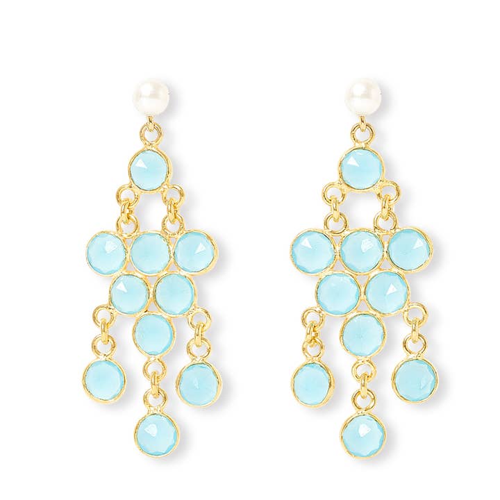 Pearl drop chandelier earrings with aqua chalcedony gemstone for wholesale by Pearls of the Orient