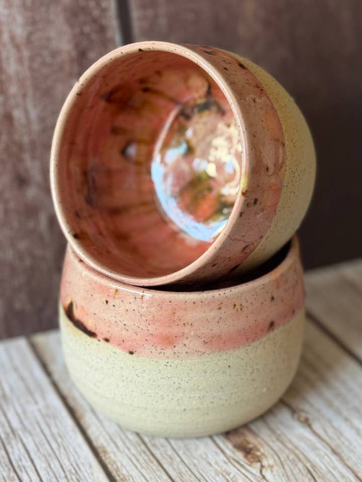 Mini hug mug in soft pink with brown spots for wholesale by Wolf and Clay Pty Ltd