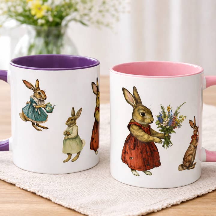 Vintage Spring Bunny Mug, Cottagecore Rabbit Coffee Cup for wholesale by Upside Down Owl Farm