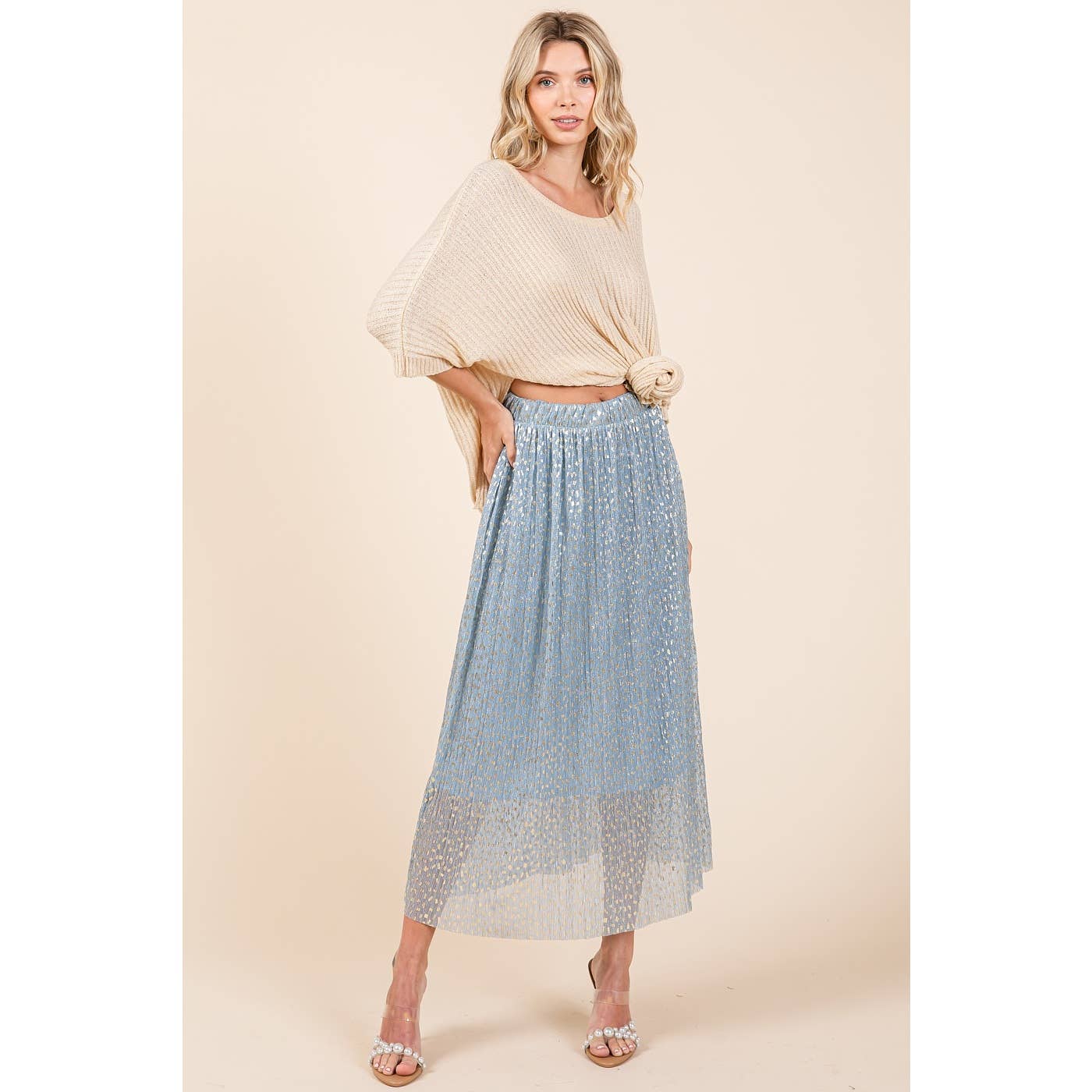 mittoshop - Wholesale Skirt - Women's - METALLIC GLITTER SPECKLE PRINT ELASTIC MIDI SKIRT0