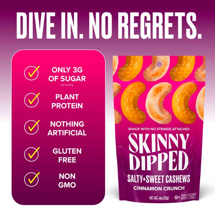 SkinnyDipped - Wholesale Nuts - Salty & Sweet Cinnamon Crunch Cashews Pouch, 4oz2