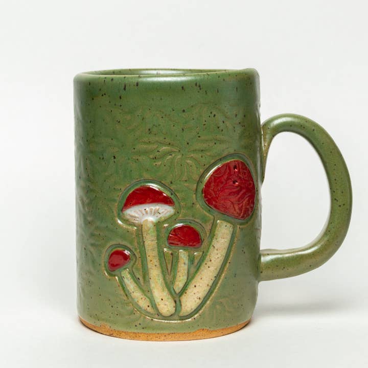 Mushroom Design Handmade, in Ohio, Ceramic Green 14oz Mug for wholesale by White Squirrel Clayworks