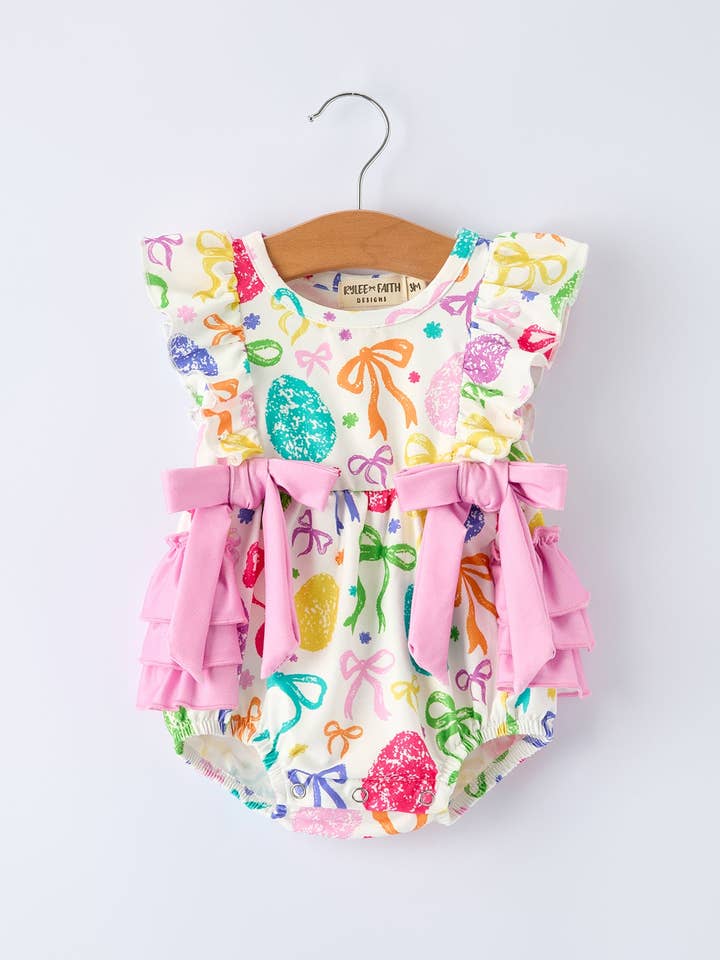 Rainbow Easter Egg Print Bow Baby Girls Romper for wholesale by Rylee Faith Designs