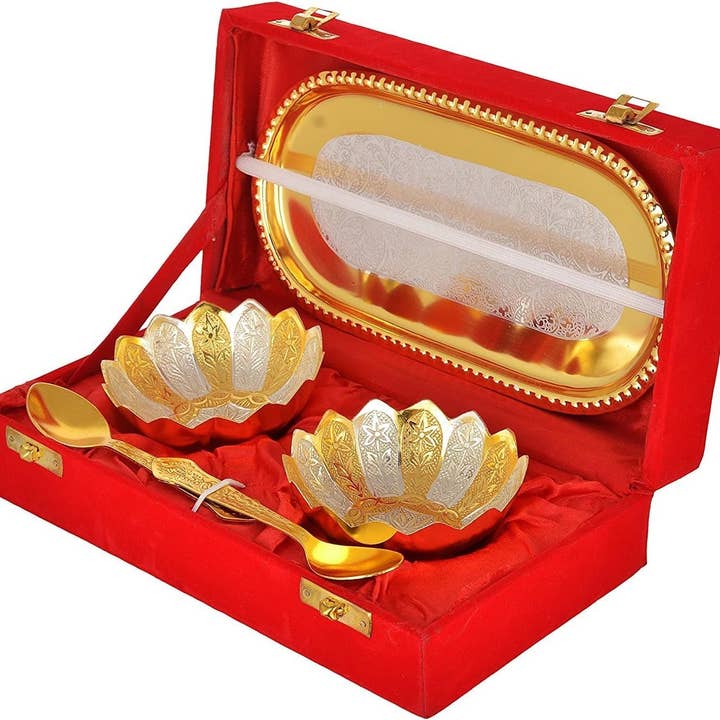 Gold & Silver Plated Bowl, Spoon & Tray Set | Luxurious Gift and other Purchase Wholesale silver trays. Free Returns & Net 60 Terms on Faire trending on Faire.