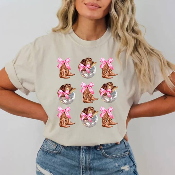 Disco cowgirl coquette tee for wholesale by Hello hays