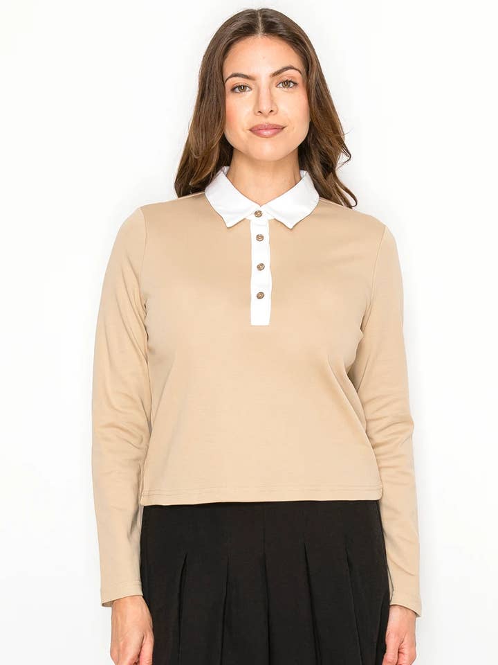 Camelfarvet bomulds-T-shirt med kontrastkrave for engroshandel hos Yal New York