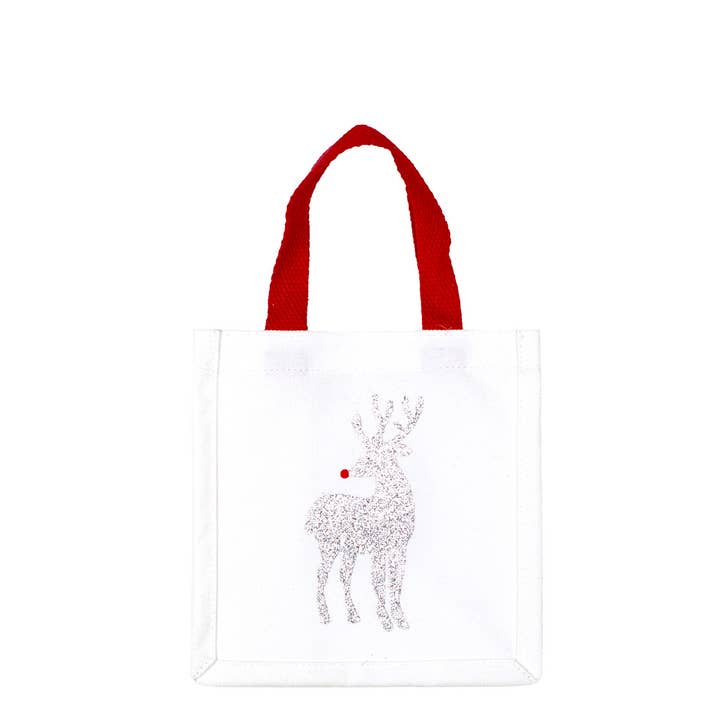 Rudolph Petite Gift Tote White/Silver/Red 7x7x5 for wholesale by The Royal Standard