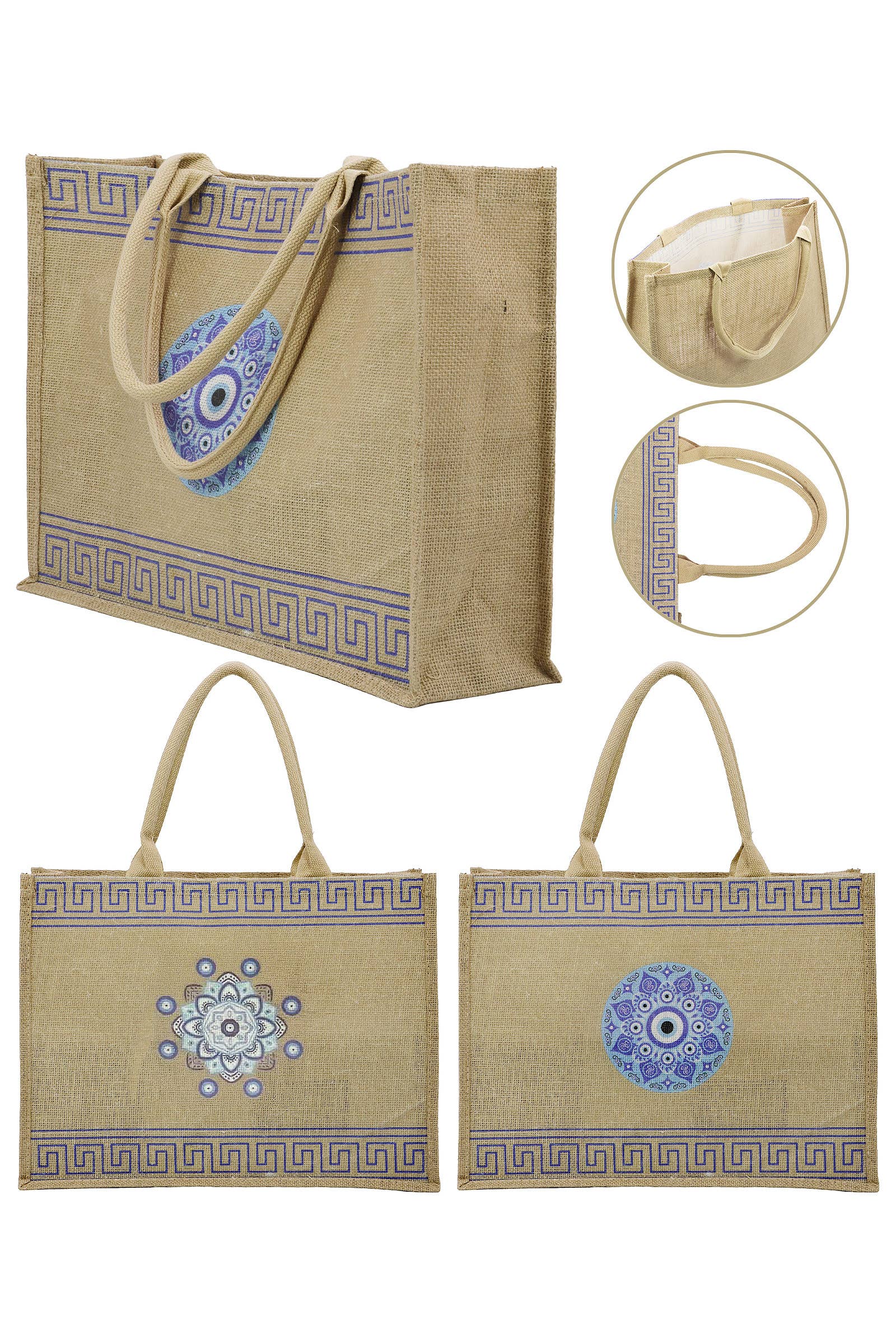 ASSORTED Evil Eye Greek Key Burlap Box Tote Beach Bag for wholesale on Faire0