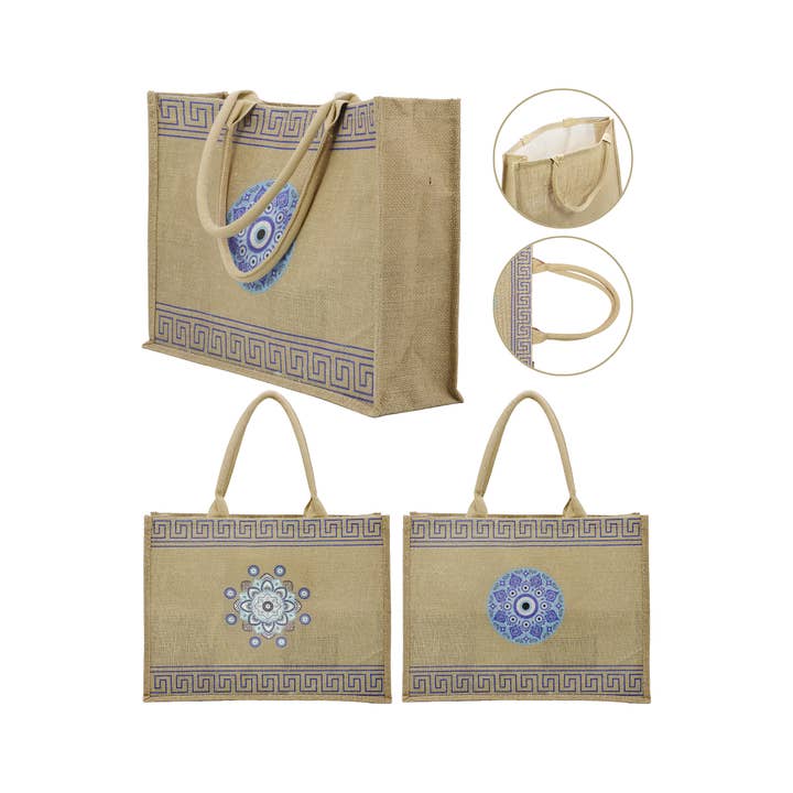ASSORTED Evil Eye Greek Key Burlap Box Tote Beach Bag for wholesale on Faire