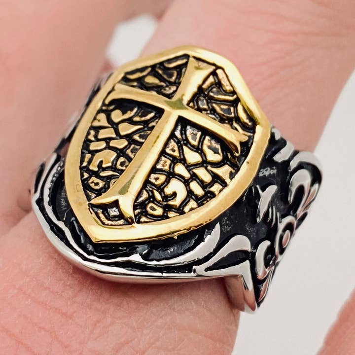 MJ/MR - Stainless Steel Cross Shield Men's Ring for wholesale by Mio Queena