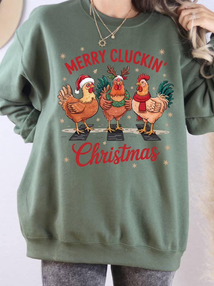 Merry Clucking Christmas Sweatshirt for wholesale by Gambi's Tees
