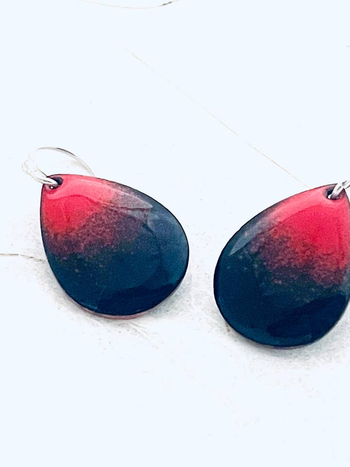 Small Teardrop Earrings, Dark Navy Blue and Flame Orange for wholesale by Magpie Mouse Studios