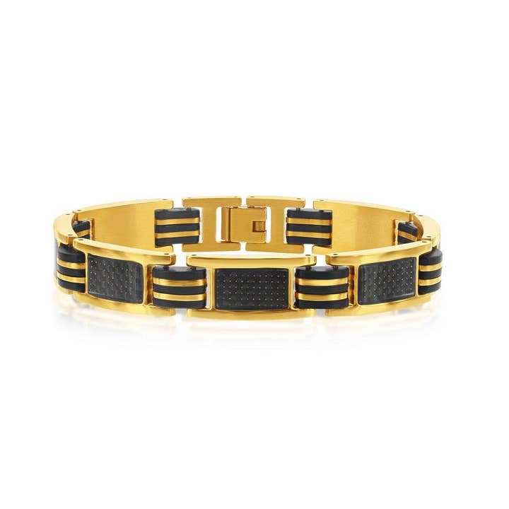 Stainless Steel Black Rubber & Carbon Fiber Bracelet - Gold Plated for wholesale by Metallo