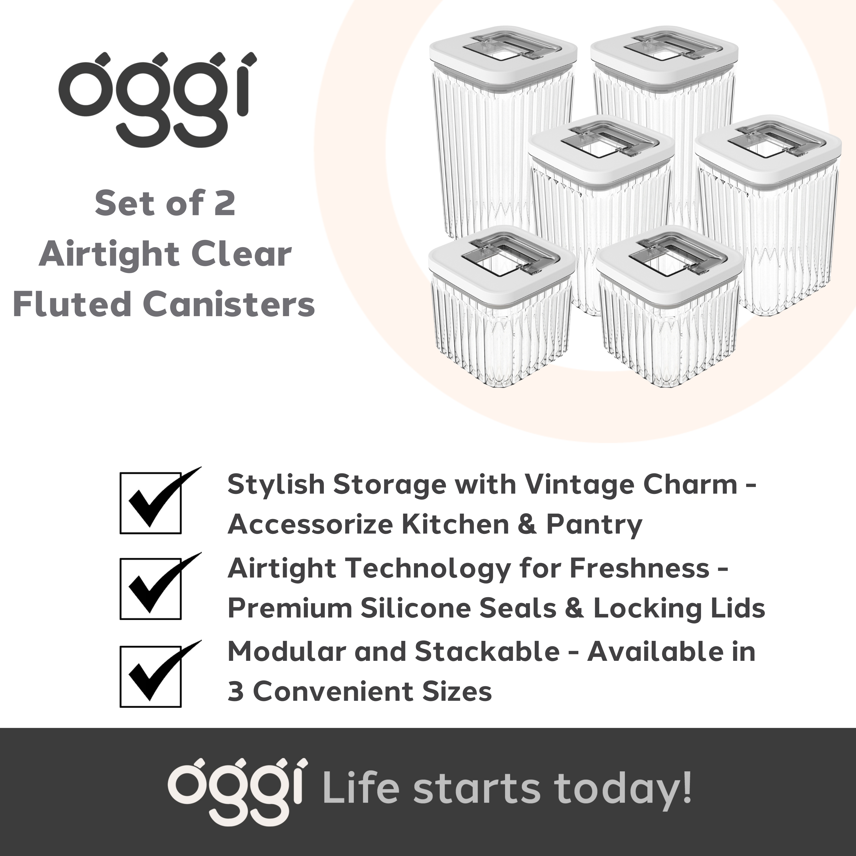 Oggi - Wholesale Canister set - Food Canisters - Set of 2 Airtight Fluted - 40.5 oz6