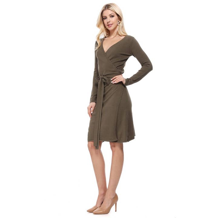 V-Neck Long Sleeve Belted Wrap Sweater Dress MK6008 for wholesale by Mak