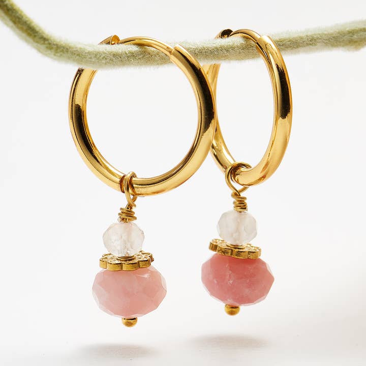 gold round pink opal hoop + gem earrings for wholesale by Cool and Interesting