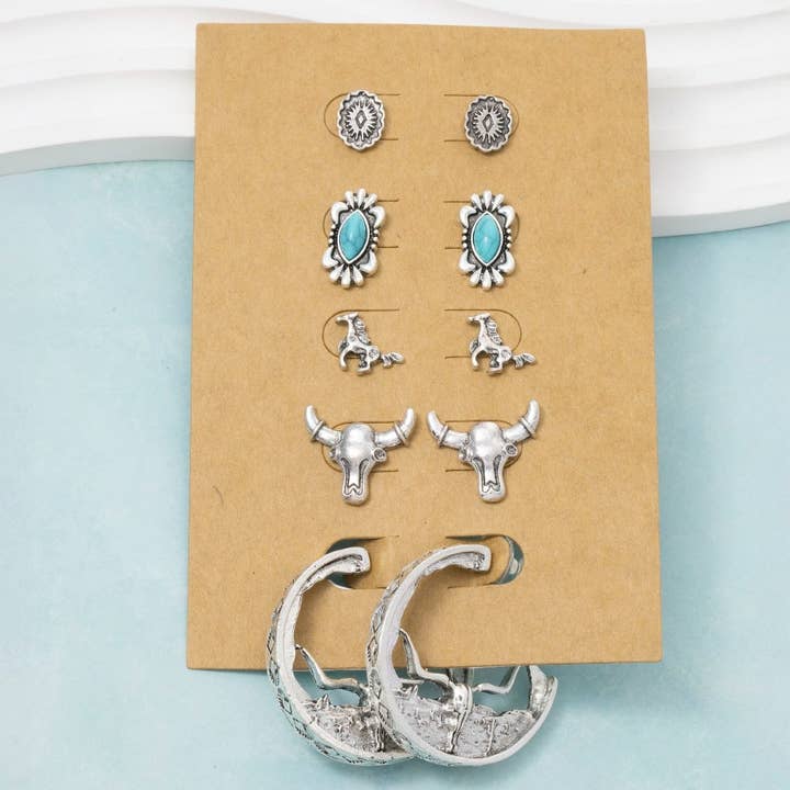 Fame Accessories - Vente Boucles d'oreilles pendantes - Ensemble de cinq paires de boucles d'oreilles occidentales assorties4