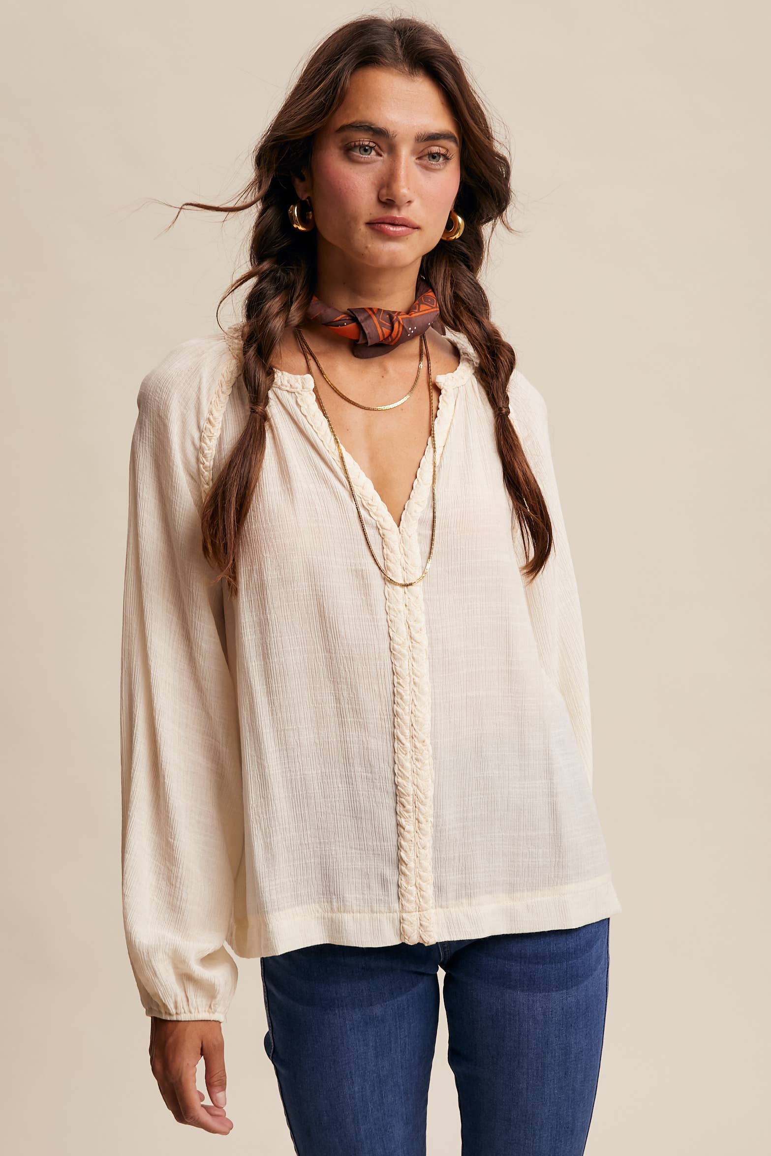 Listicle - Wholesale Blouse - Women's - Braided Trim Peasant Blouse LT14470