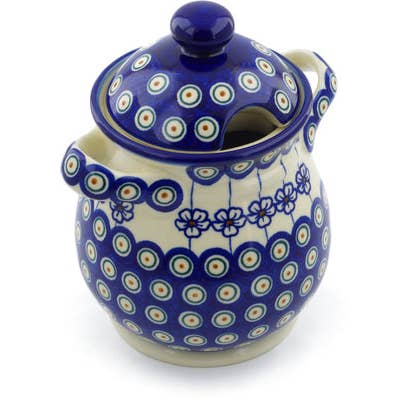 Jar with Lid and Handles 8" Flowering Peacock Theme for wholesale by Polmedia Polish Pottery