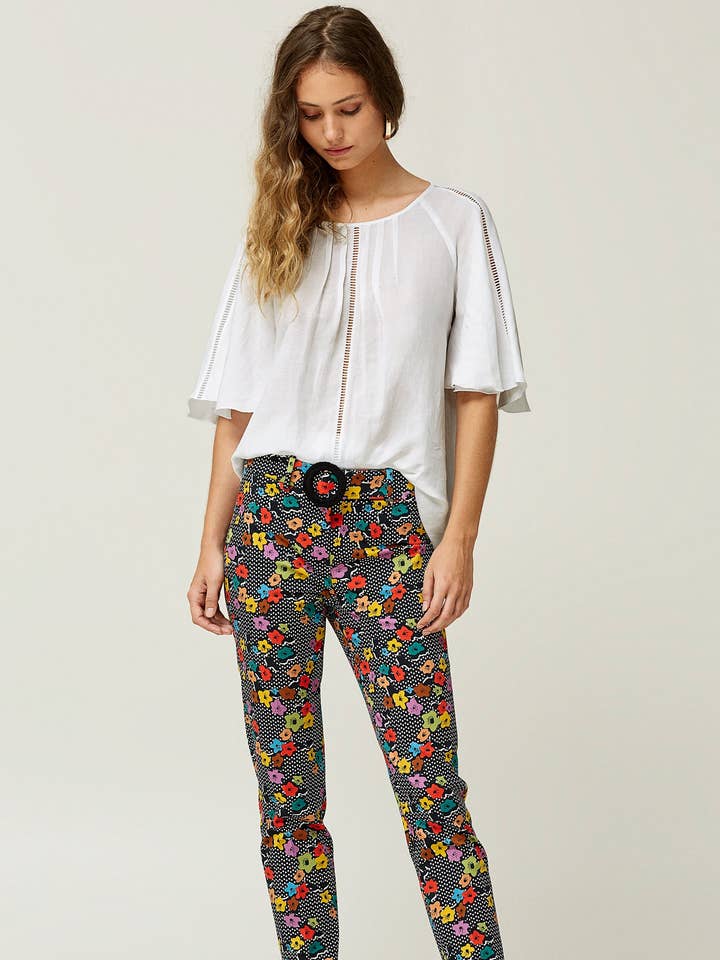 Bomuldsstrækbukser med åbning og print nederst for engroshandel hos OKY