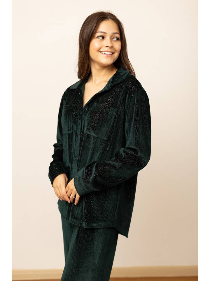 The Kathryn Shimmer Button Down, Green for wholesale on Faire6