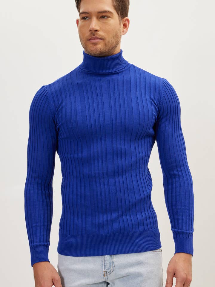 Men's Roll Neck Ribbed Sweater - Electric Blue for wholesale by Ron Tomson