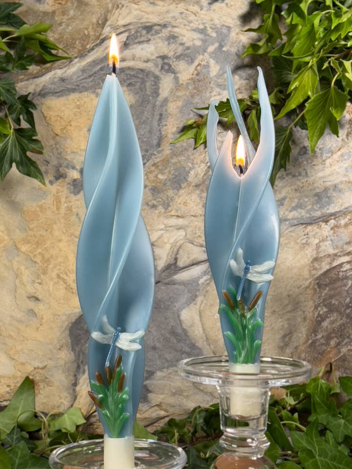 Dragon Fly on Light Blue Silhouette Pair of Beeswax Candles for wholesale by Summerfield Candles
