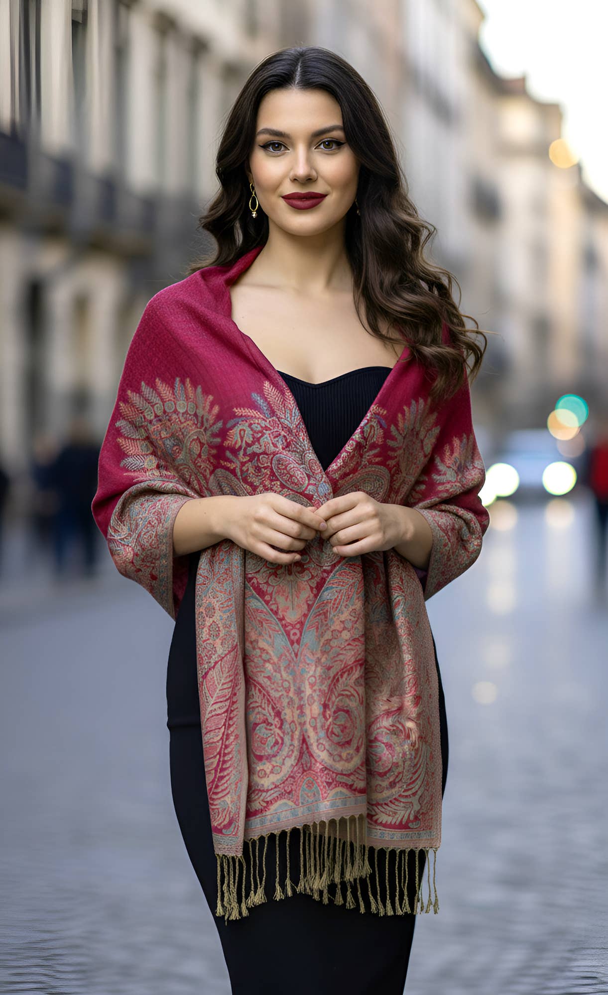 SERENITA – wholesale Halsduk - Dam – Stor paisley pashmina-sjal med tvåsidigt mönster och fransar3