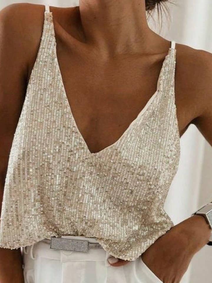 APRICOT CWTTK0995_SEQUIN V-NECK SPAGHETTI STRAP CAMI TOP for wholesale on Faire0