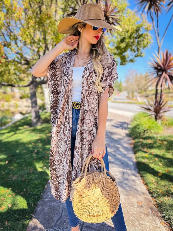 Brown Animal Snake Printed Slit Maxi Kimono Cover Up for wholesale by AMOLI