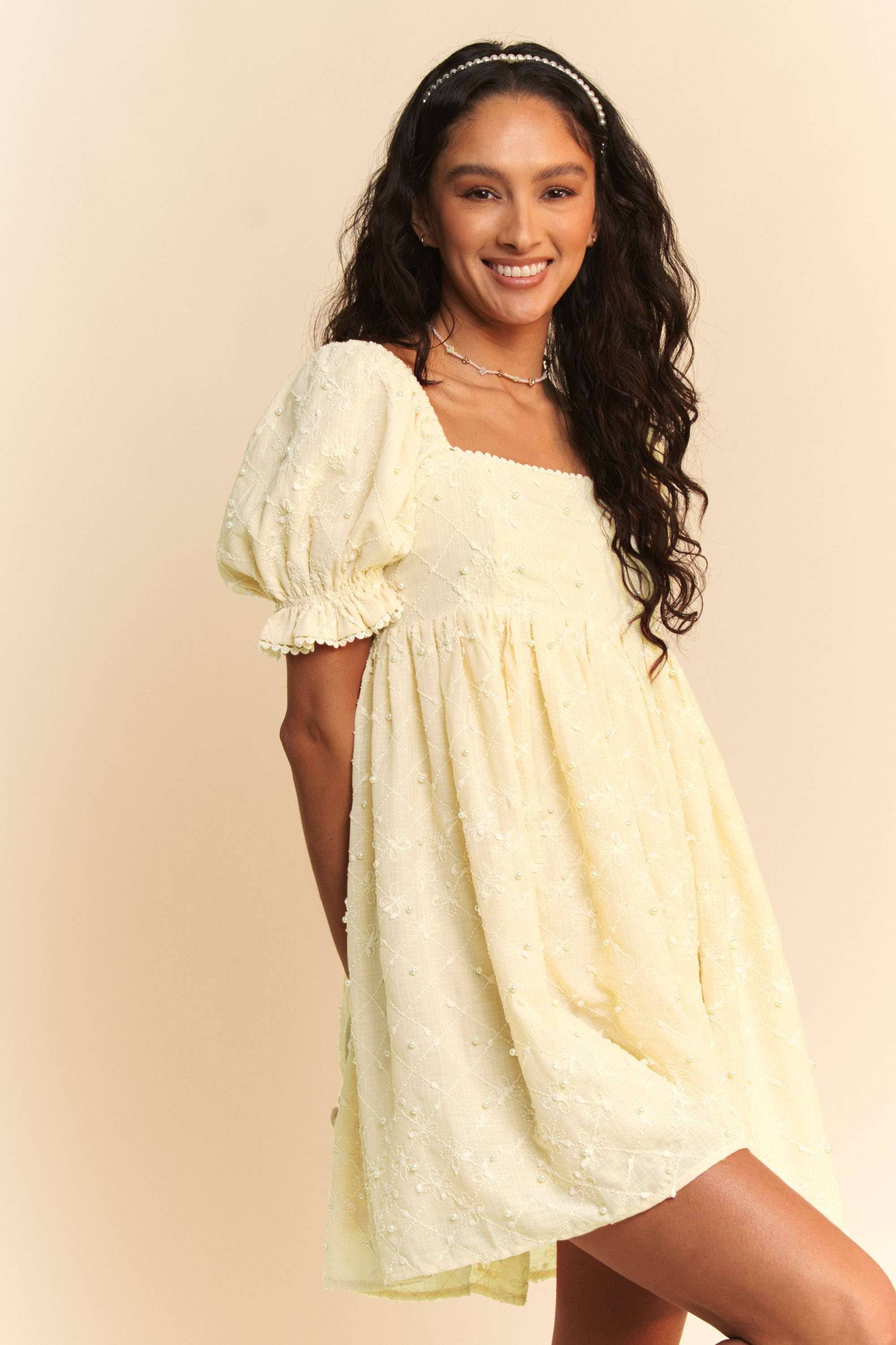 Wholesale TEXTURE FLOWER BALLOON SLEEVE RIBBON MINI DRESS