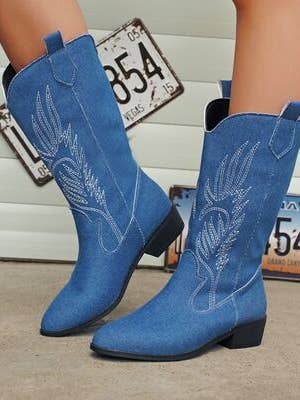 Embroidered Point Toe Block Heel Boots for wholesale by Beyond Apparel