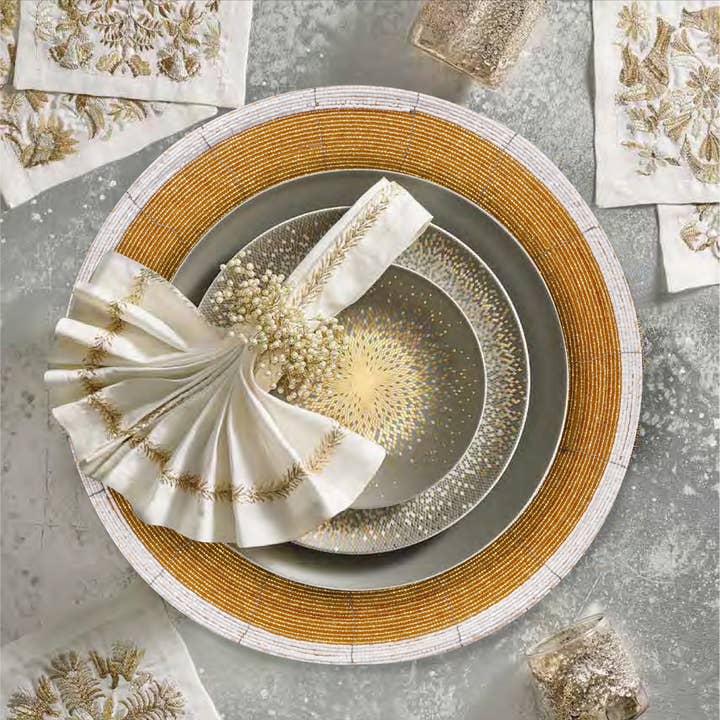 White Gold Handmade Beaded Placemats Round Dining Set of 4 for wholesale on Faire2