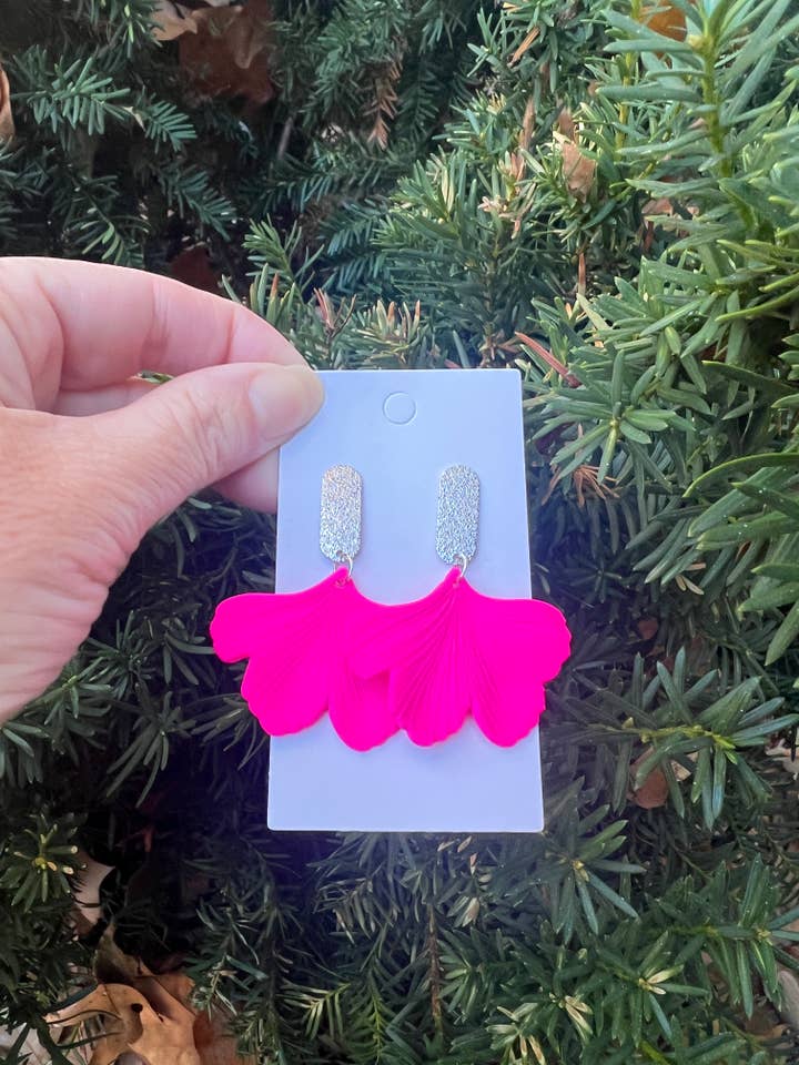 Hot Pink Ginkgo Leaf Statement Earrings Valentine's Day for wholesale by Baubles by B